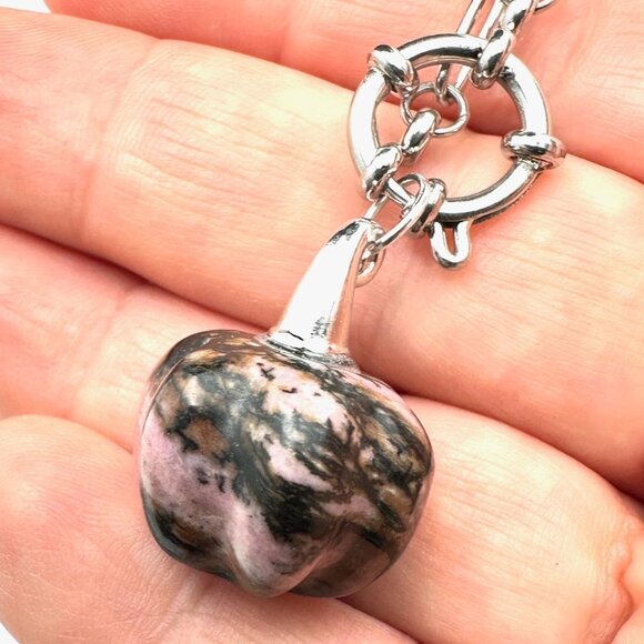 Dragon Blood Gemstone Pumpkin Pendant Necklace Silver Tone 17 Inch - Picture 2 of 6